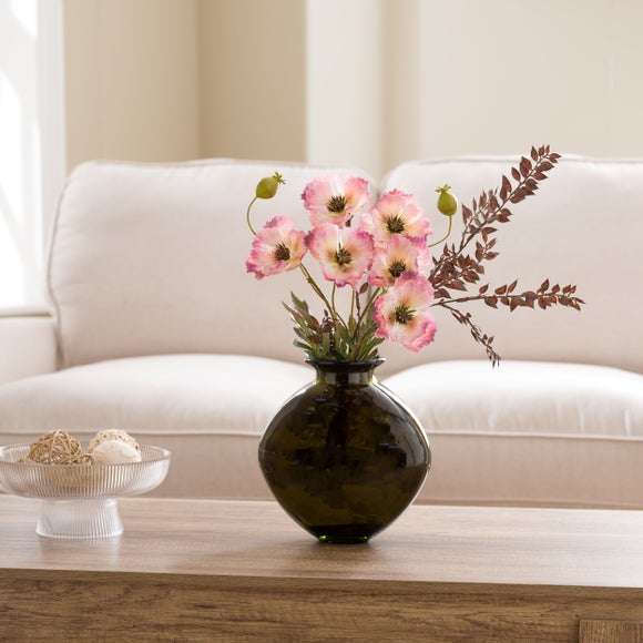 Artificial Poppies in Charcoal Glass Vase