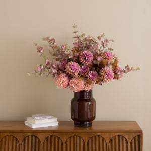Artificial Dried Look Ball Dahlia & Foliage In Ceramic Vase