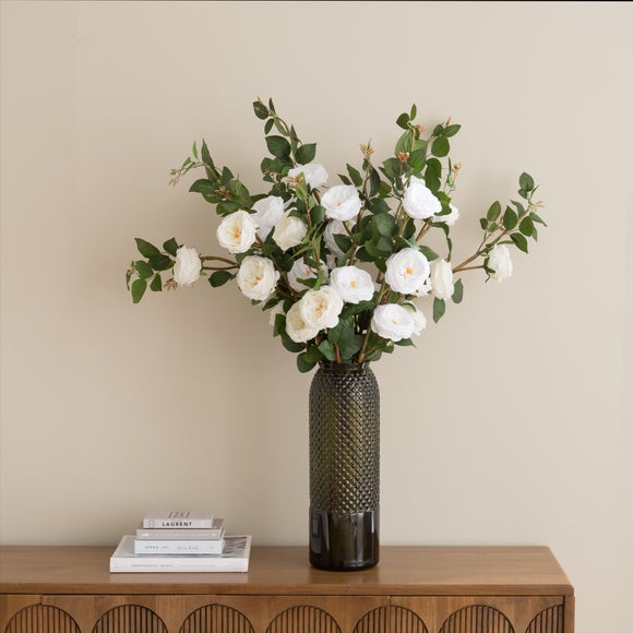 Artificial Cabbage Roses in Charcoal Glass Vase