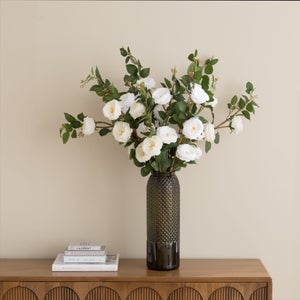 Artificial Cabbage Roses In Charcoal Glass Vase