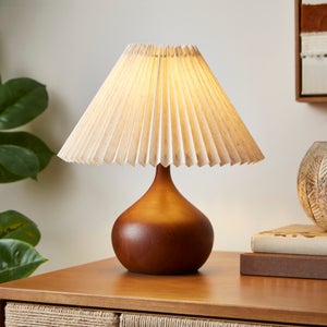 Mid Century Wooden Table Lamp With Pleated Shade