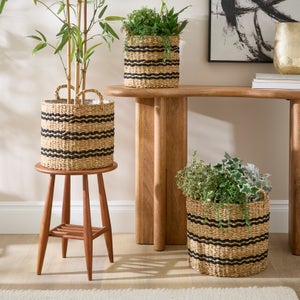 Set Of 3 Striped Woven Seagrass Plant Pots