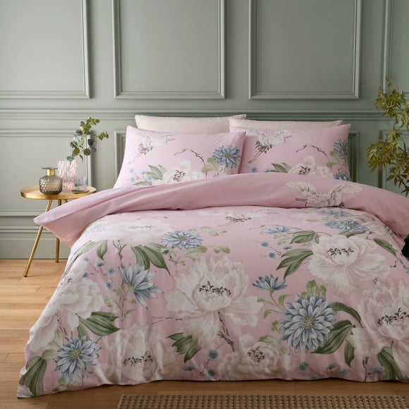 Cranes Floral 100% Cotton Duvet Cover & Pillowcase Set
