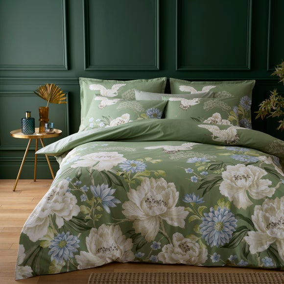 Cranes Floral 100% Cotton Duvet Cover & Pillowcase Set