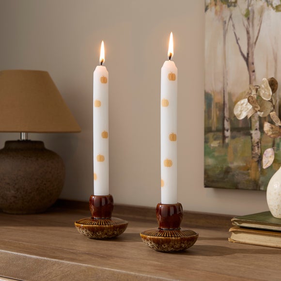 View Set Of 2 Pumpkin Print White Taper Candles View Set Of 2 Pumpkin Print White Taper Candles