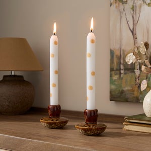 Set Of 2 Pumpkin Print White Taper Candles