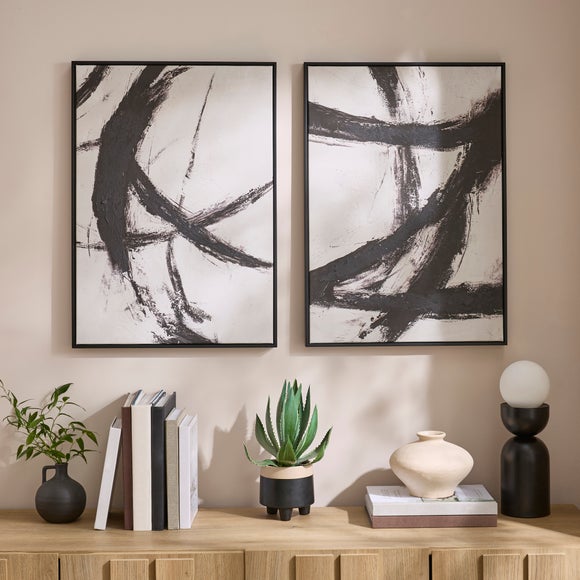 Set Of 2 Monochrome Abstract Brushstroke Framed Canvases