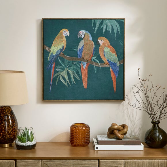 Parrot Embroidered Velvet Framed Canvas