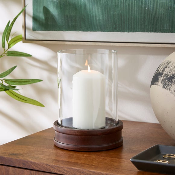 View Turned Dark Mango Wood & Glass Hurricane Candle Holder View Turned Dark Mango Wood & Glass Hurricane Candle Holder