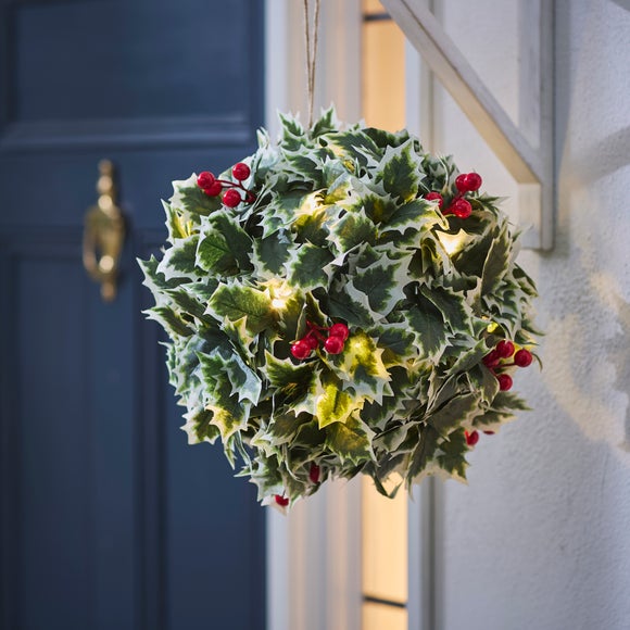 Pre Lit Variegated Holly Topiary Ball