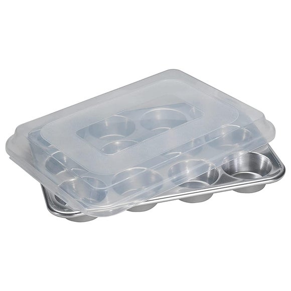 Nordic Ware Naturals Silver Cavity 12 Cup Muffin Pan with High Lid