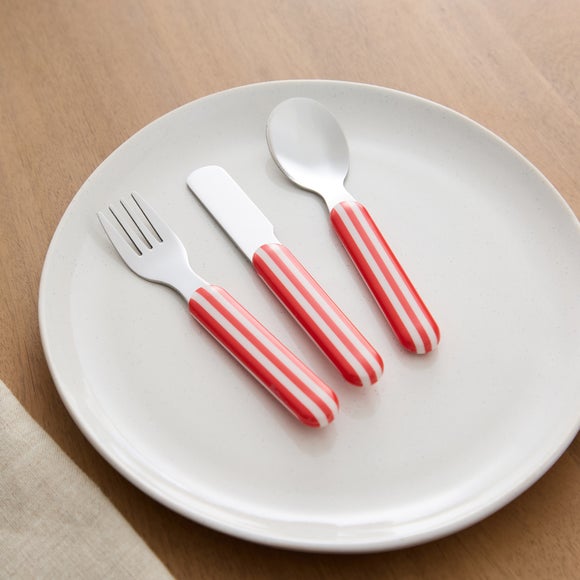 3 Piece Red Striped Handle Kids Cutlery Set