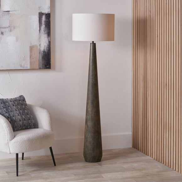 Pacific Lifestyle Arbor Verdi Gris Metal Conical Floor Lamp with Lino Self Lined Linen Cylinder Lampshade