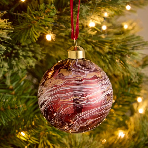 Burgundy and Gold Marble Glass Bauble
