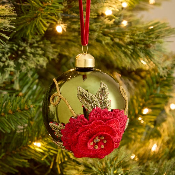Embroidered Flower Glass Bauble