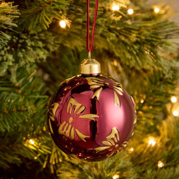 Gold Bow Burgundy Glass Bauble