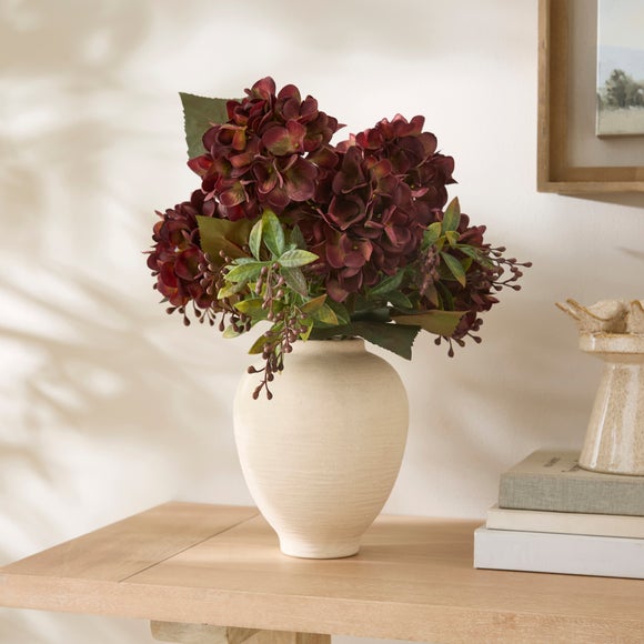 Artificial Burgundy Hydrangea Arrangement in Ceramic Vase
