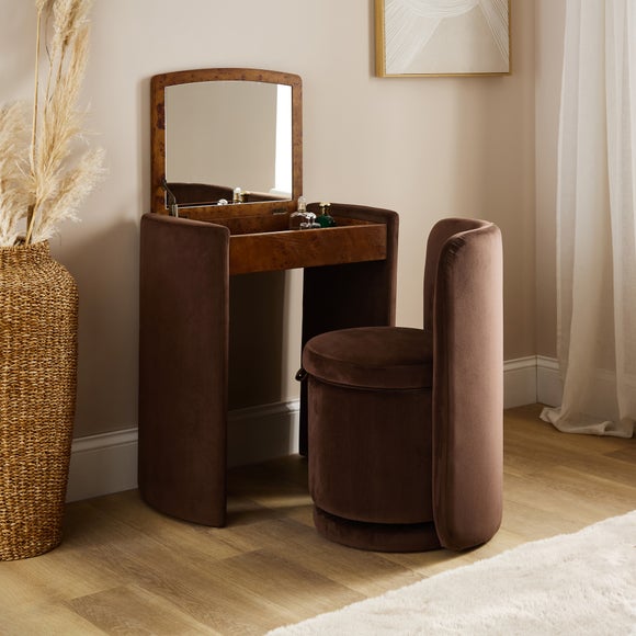Frankie Compact Dressing Table Set with Mirror and Stool, Chocolate Brown Burl