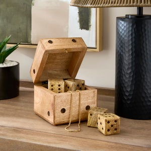 Set Of 5 Wooden Dice In Storage Box
