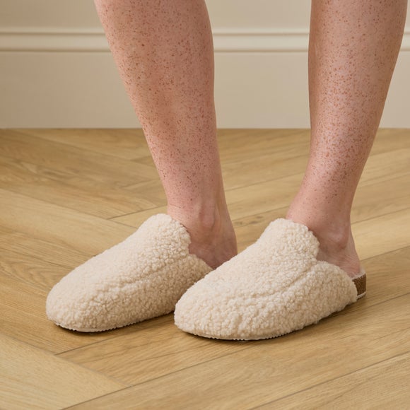 Ladies Cream Borg Footbed Mule Slippers