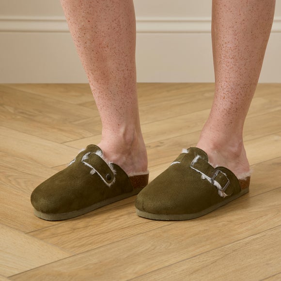 Ladies Olive Footbed Buckle Mule Slippers