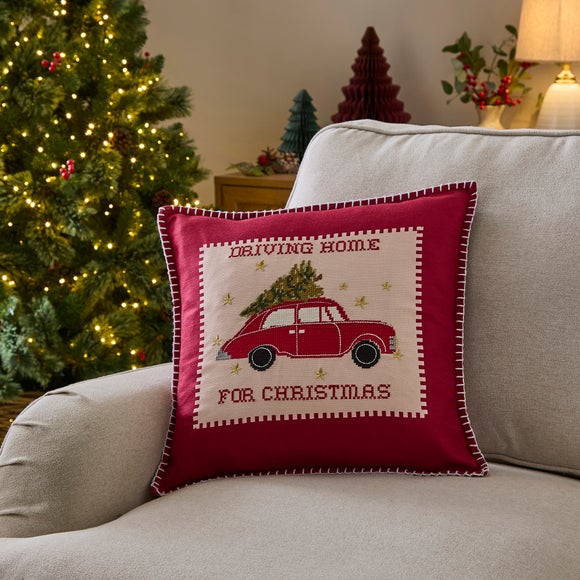 Embroidered Driving Home for Christmas Cushion