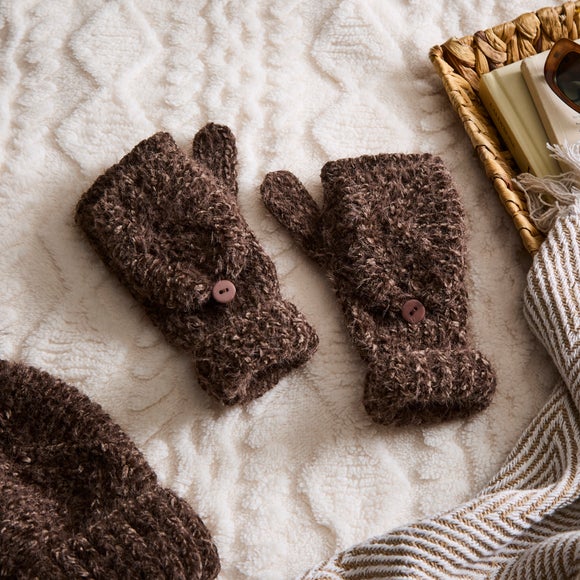 Ladies Chocolate Chenille Fingerless Gloves