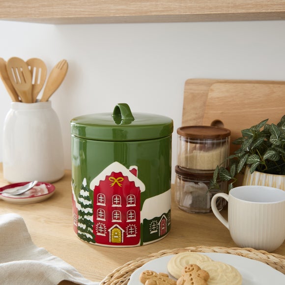 Ceramic Christmas Village Biscuit Jar
