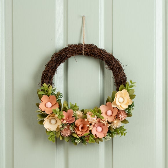 Artificial Peach Wood Shaved Floral Wreath