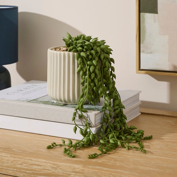 Artificial Trailing Plant in Ribbed Crackle Glazed Plant Pot
