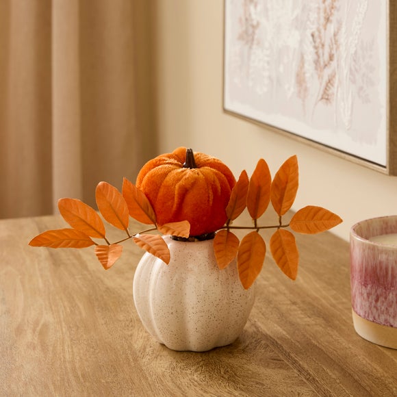 Artificial Velvet Pumpkin In Speckled Ceramic Pumpkin Vase
