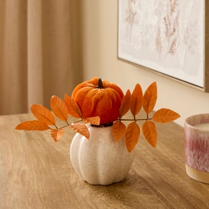 Artificial Velvet Pumpkin In Speckled Ceramic Pumpkin Vase