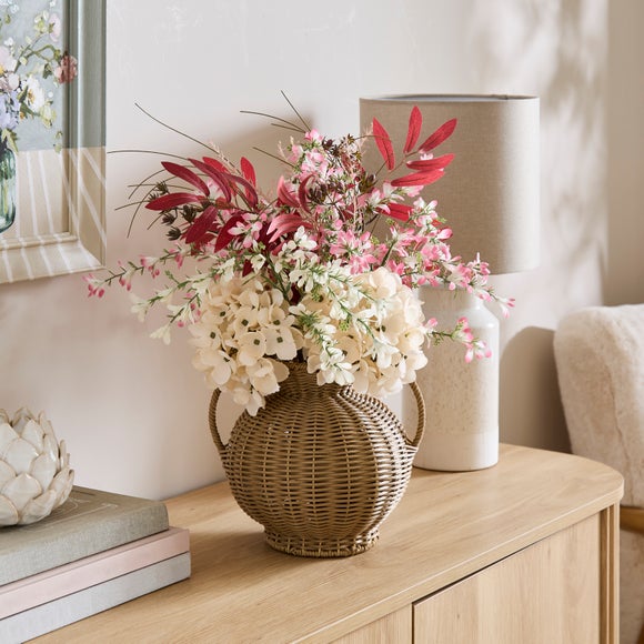 Artificial Cream & Pink Arrangement in Woven Vase
