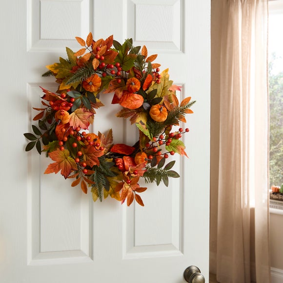 Artificial Velvet Pumpkin & Foliage Wreath