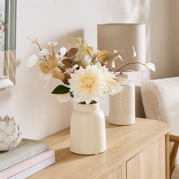 View Artificial Cream & Brown Dahlia Arrangement In Simple Ceramic Vase View Artificial Cream & Brown Dahlia Arrangement In Simple Ceramic Vase