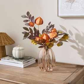 Artificial Chinese Lanterns & Foliage in Glass Vase