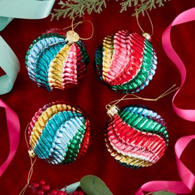 Pack of 4 Bright Striped Ribbed Baubles