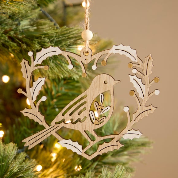 Wooden Robin Heart Decoration
