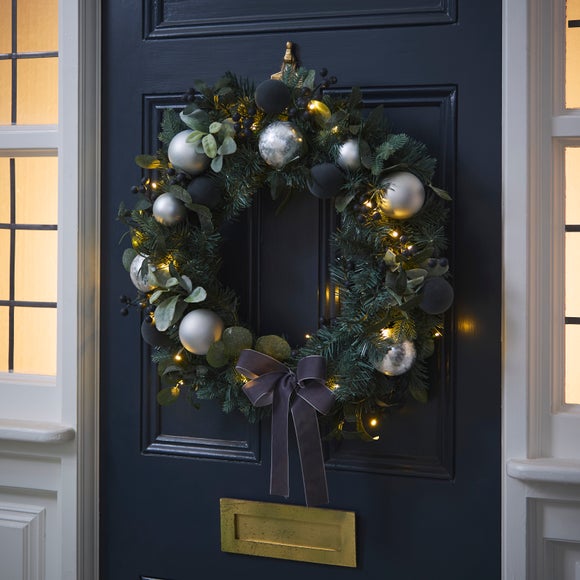 Artificial Light Up Silver & Navy Bauble Blue Foliage Wreath, 66cm