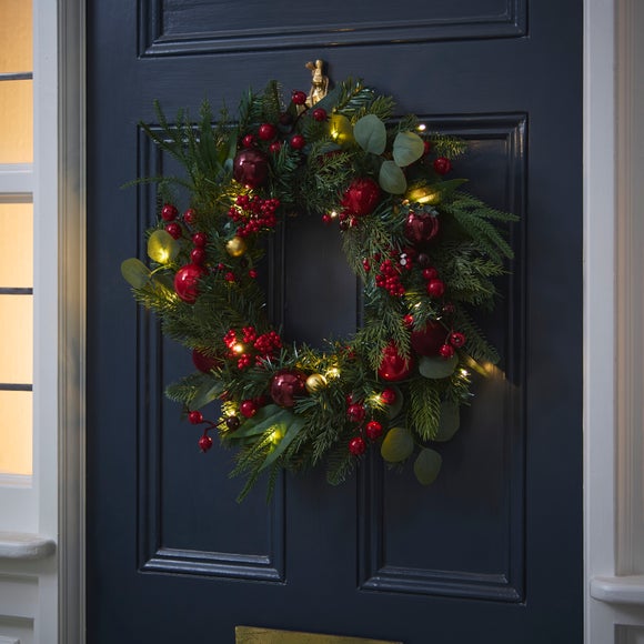 Artificial Light Up Red Bauble Wreath, 55cm