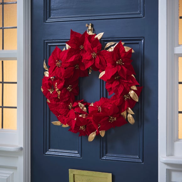 Artificial Poinsettia & Gold Leaf Wreath