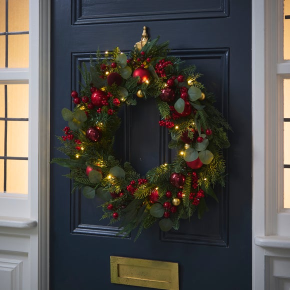 Artificial Light Up Red Bauble Wreath, 66cm