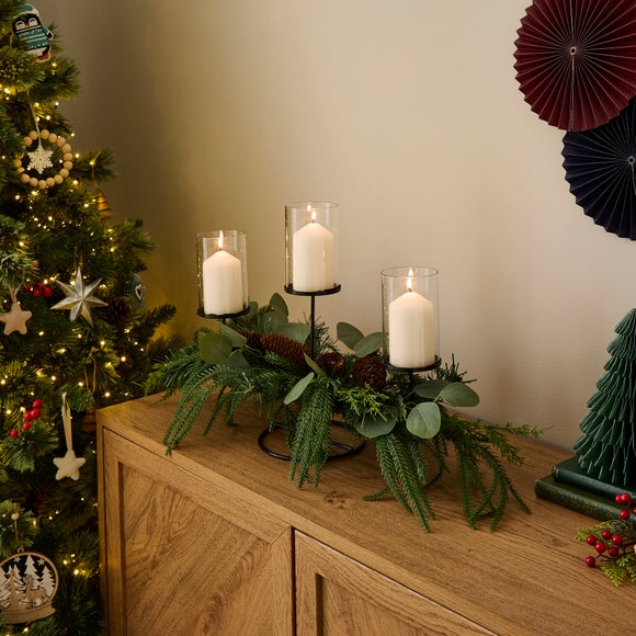 Artificial Evergreen & Pinecone Triple Candle Holder