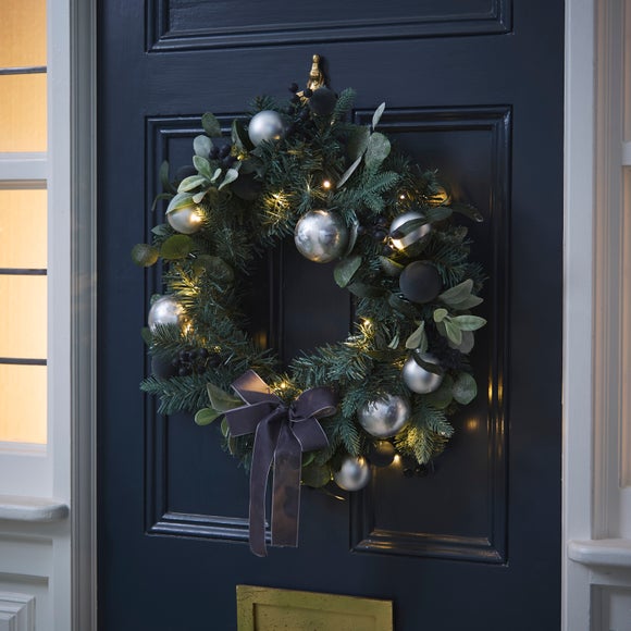 Artificial Light Up Silver & Navy Bauble Blue Foliage Wreath, 55cm
