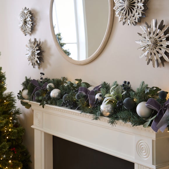 180cm Artificial Light Up Silver & Navy Bauble Blue Foliage Garland
