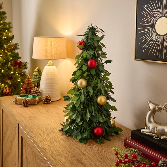 45cm Artificial Holly Tinsel Tree with Baubles
