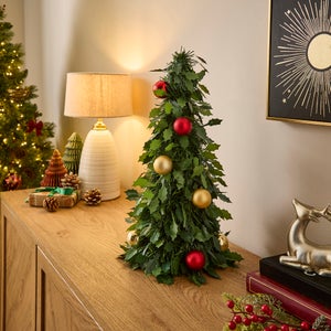 45cm Artificial Holly Tinsel Tree With Baubles