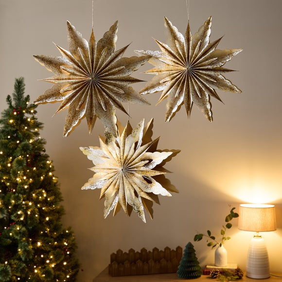 Set of 3 Large Gold Paper Snowflakes