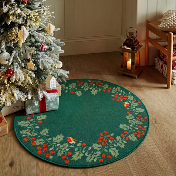 Holly Wreath Washable Round Rug