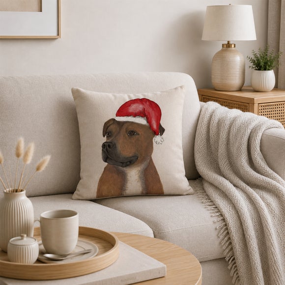 Photo 1 of Staffy Christmas Hat Square Cushion